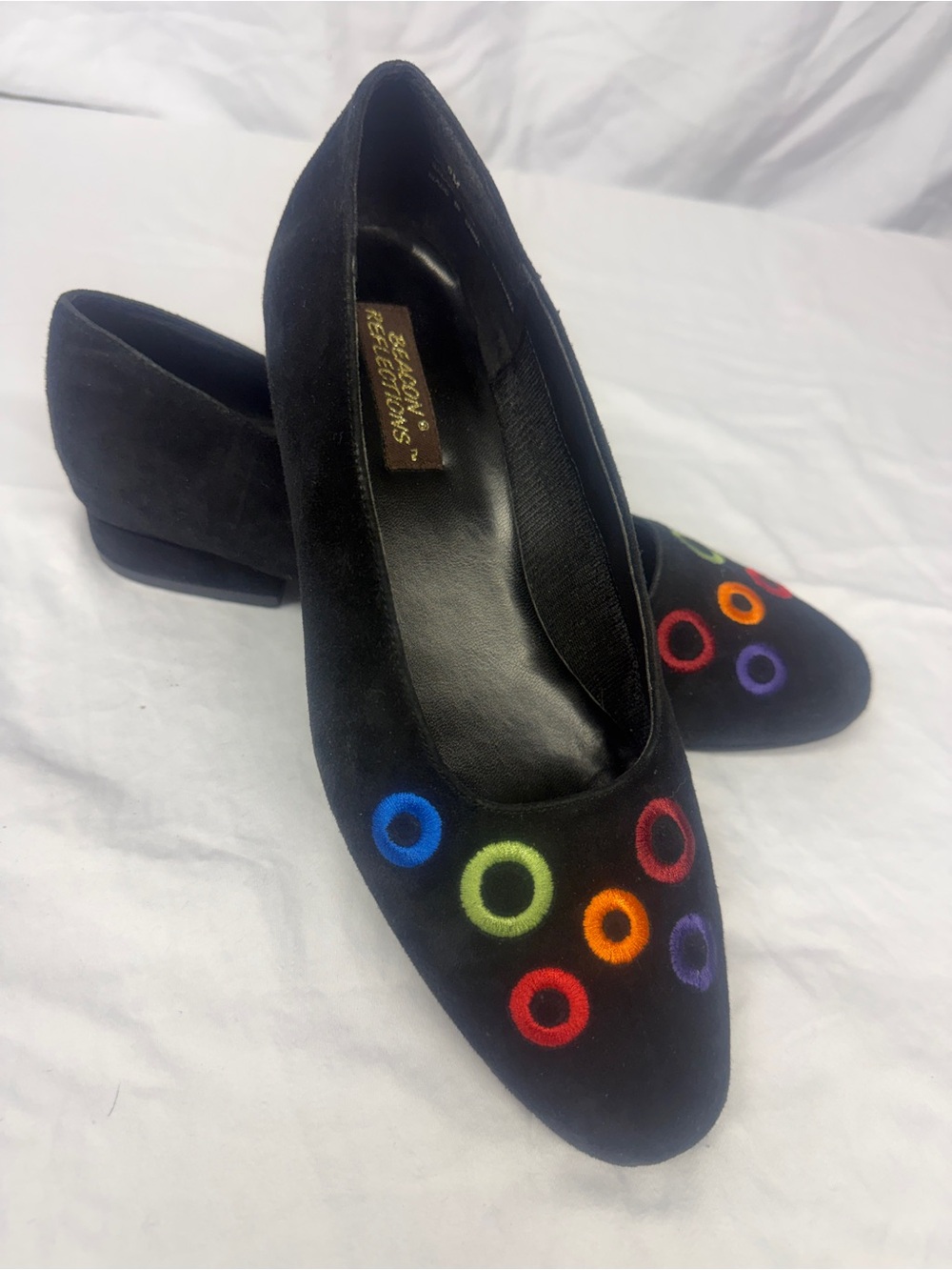 Beacon Black Suede Pumps with Multicolor Embroidered Rings
